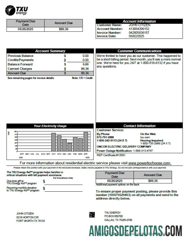 para download Modelo de fatura de serviços públicos de energia TXU dos EUA em formatos Word e PDF, versão 6